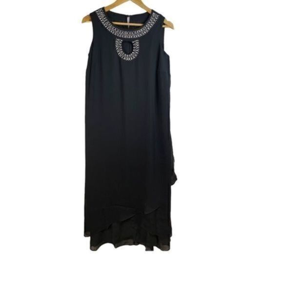 Denim 24/7 Black Chiffon Flowy Sleeveless Beaded Rhinestone Midi Dress 12W NEW - Picture 1 of 6